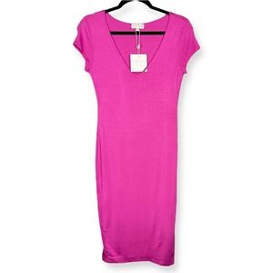 See You Monday Womens Pink V-Neck Bodycon Midi Dress Womens Size L Casual